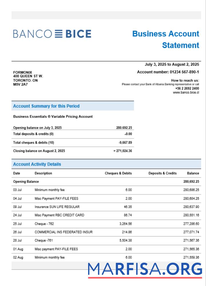 Blank Chilean Banco Bice business firm account bank statement Word and PDF format real example